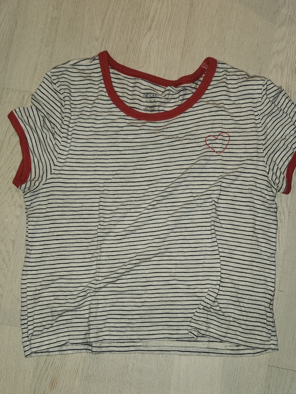 White Black Striped Tee with Red Trim and Heart